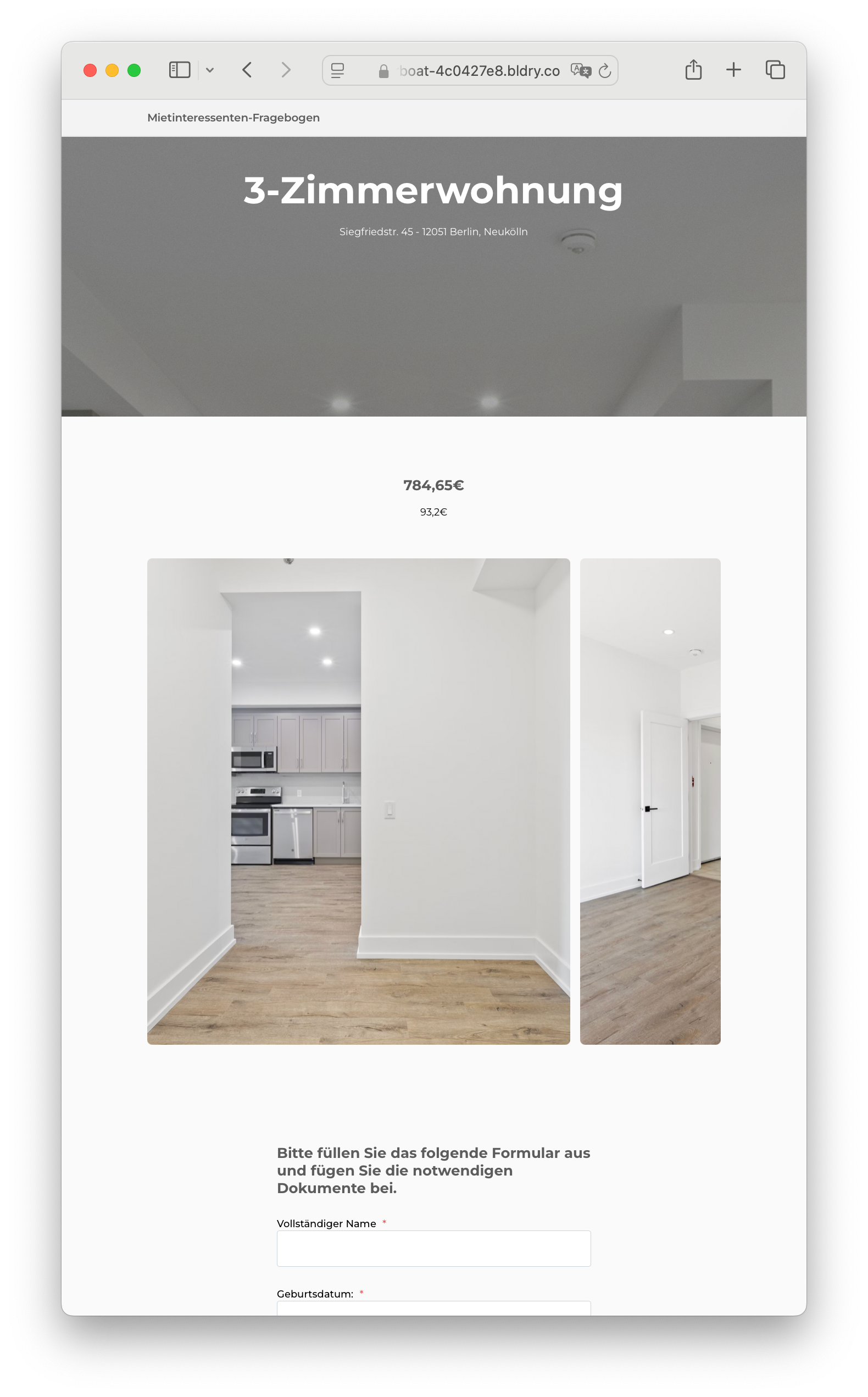 Example of a form for potential tenants