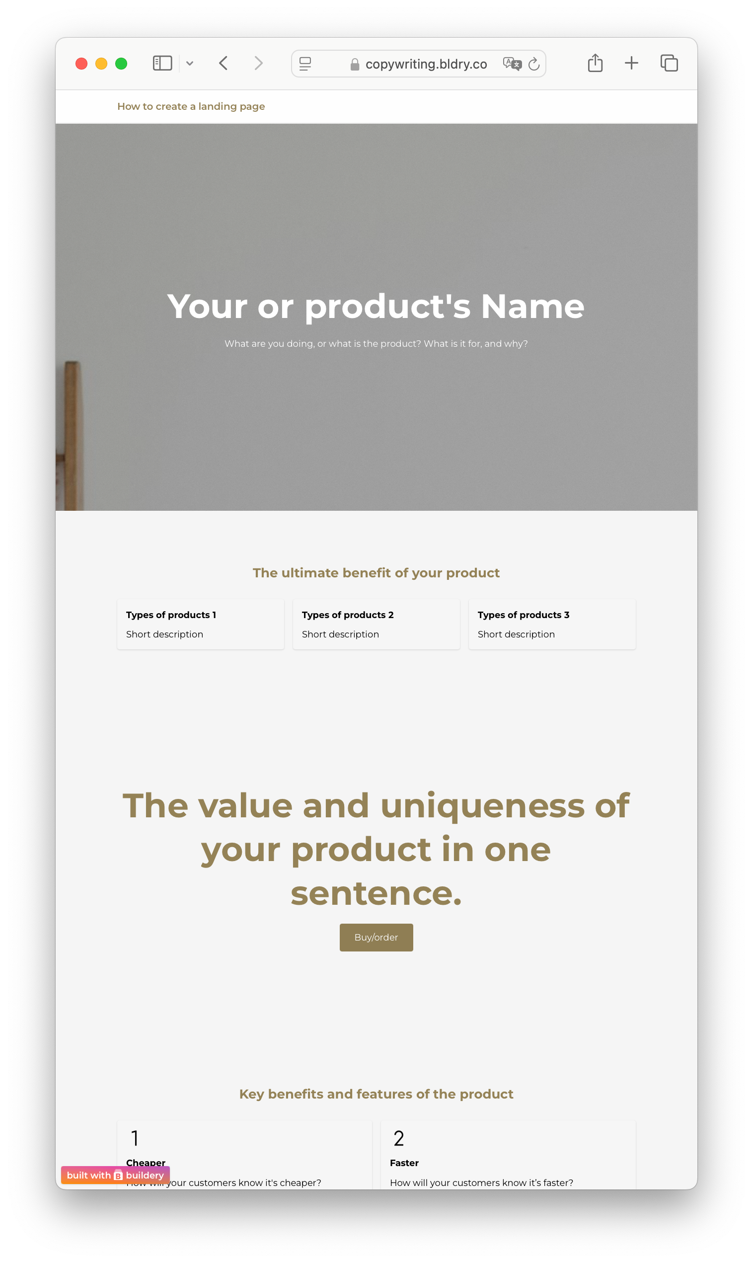 Example of copywriting structure for a landing page